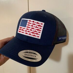 Columbia Navy Blue Fishing American Flag SnapBack Hat NWT